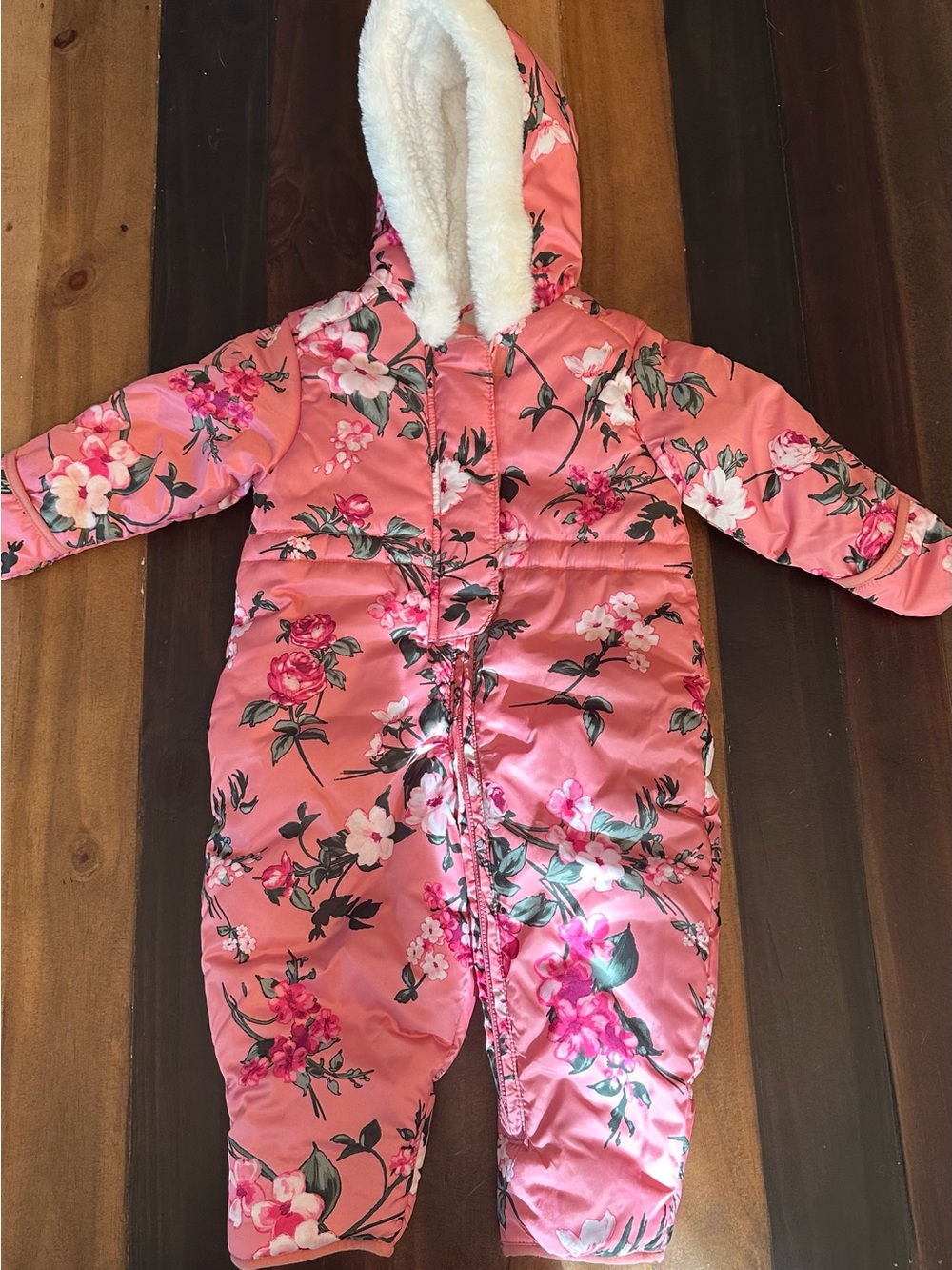 Kids Floral Pink Hooded One-Piece Snowsuit Size 9-12 months